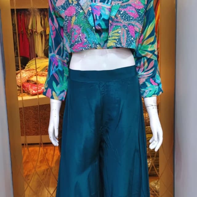 Teal, Multi-colored (Pink, Green, Yellow, Blue) Co-ord Set (Crop Top, Jacket, Palazzos)