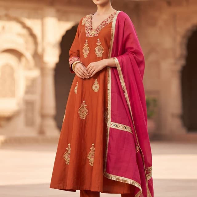 Rust orange and fuchsia pink Kurta Set with Dupatta