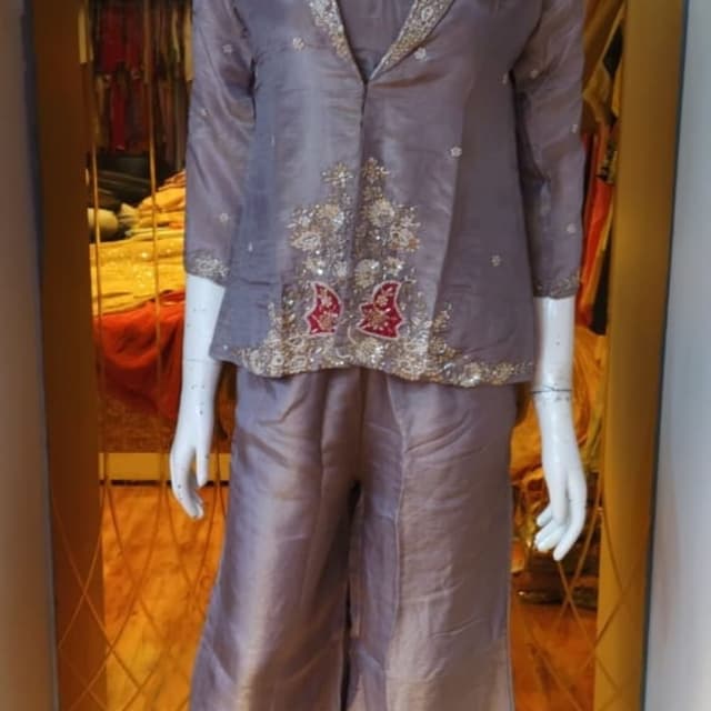 Mauve, Silver, Gold, subtle Red accents Co-ord set (blazer style jacket with matching wide-leg trousers)