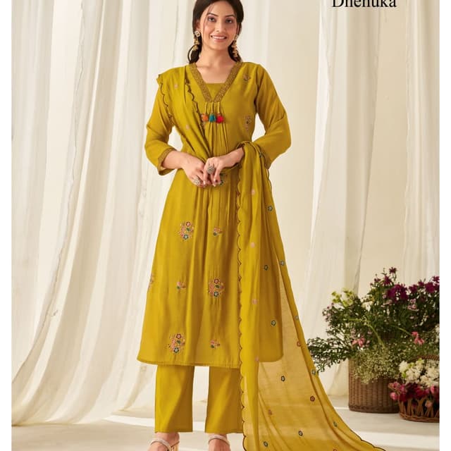 Olive Green, Mustard Yellow, Multicolor floral accents Salwar Suit Set