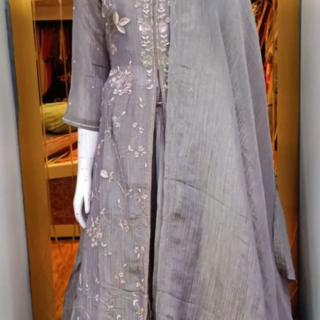 Muted greyish-brown or taupe Lehenga Choli with long jacket style kurta