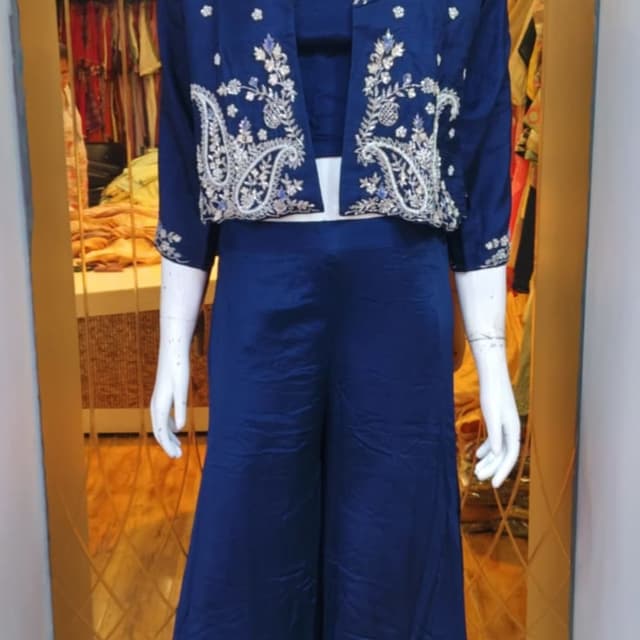 Navy Blue with Silver Embroidery Co-ord set with jacket, crop top, and palazzo