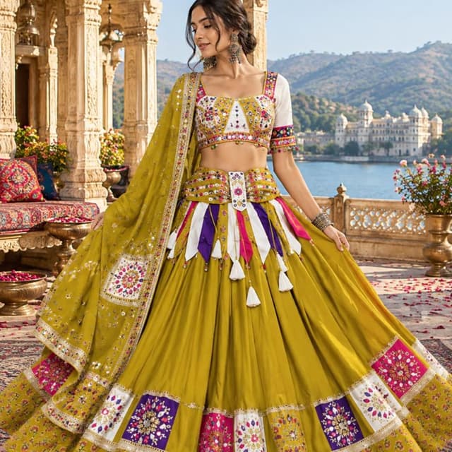 Olive green, white, magenta, and deep purple Lehenga Choli