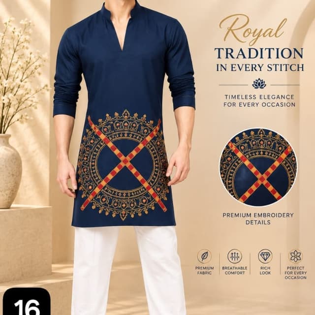 Navy blue, metallic gold, and vibrant red Kurta