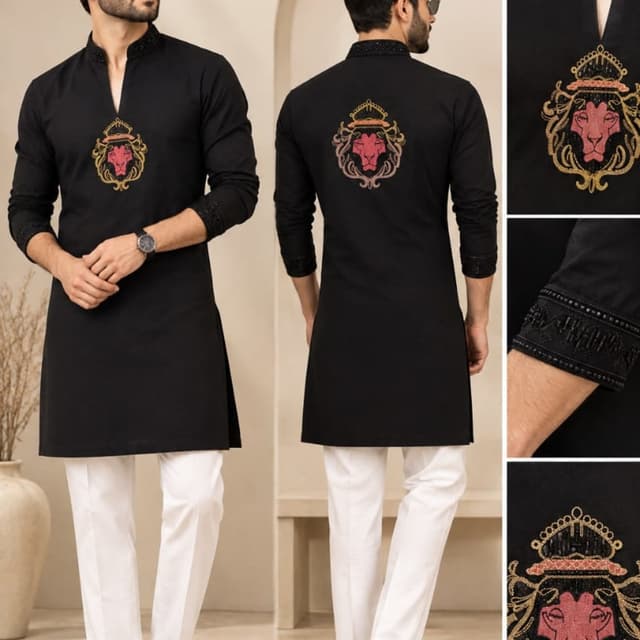 Black and White with multi-color embroidery Kurta with trousers