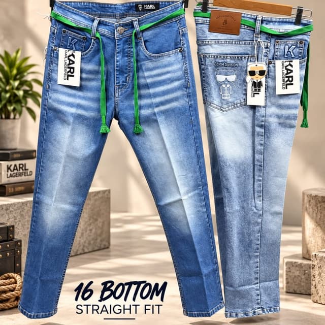 Medium wash blue, light blue fading, and bright green drawstrings Jeans