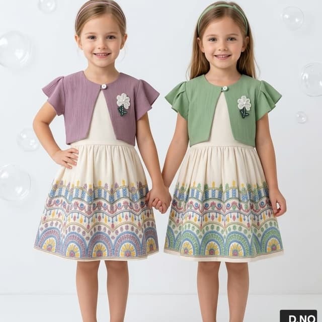 Off-white base with mauve or sage green boleros and multi-colored hem pattern Dress with bolero