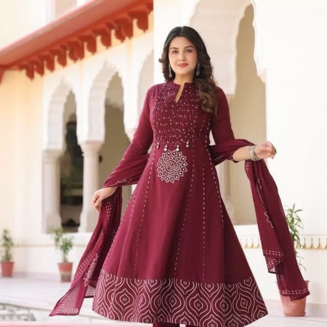 Deep Maroon, White Anarkali Kurta Set with Dupatta