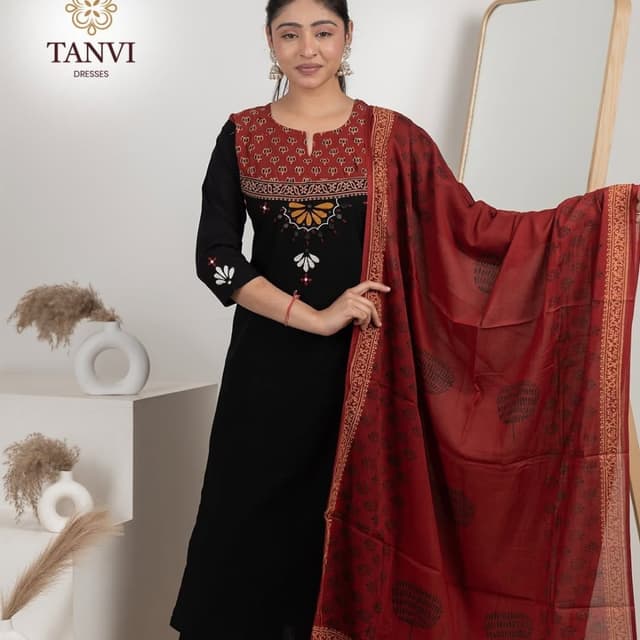 Black, Deep Red (Maroon), Mustard Yellow, White Kurta Set with Dupatta