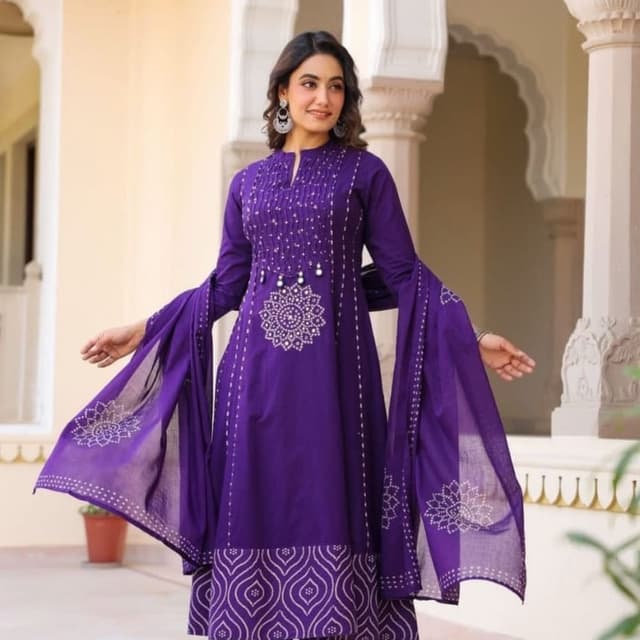 Deep purple with white accent detailing Kurta set with dupatta