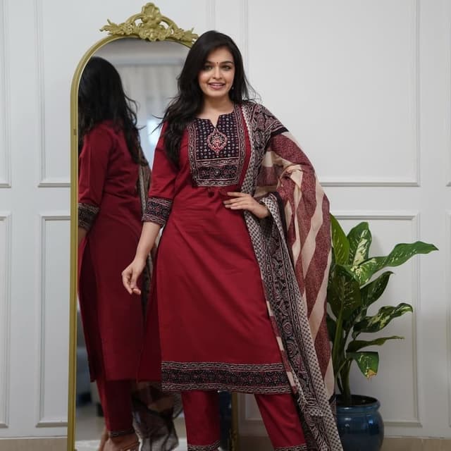 Maroon, Cream, Black Salwar Kameez Set