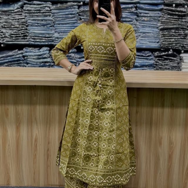 Olive green and white Kurti with Palazzos