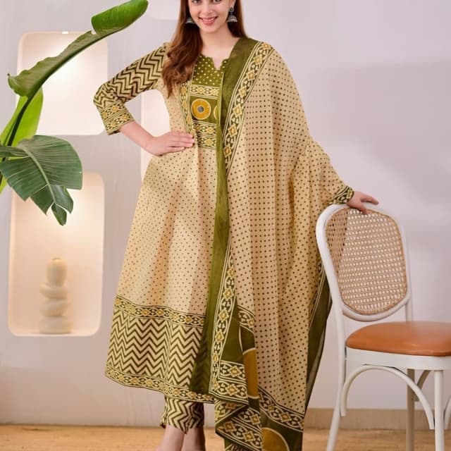 Beige, Olive Green, and Mustard Yellow Salwar Kameez Set