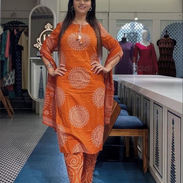 Burnt Orange with white circular patterns Kurta Set