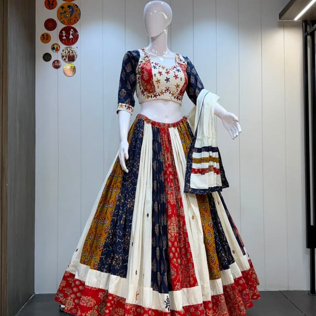 Navy Blue, Red, Mustard Yellow, and Off-White Lehenga Choli