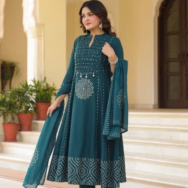 Teal green with silver detailing Kurta set with dupatta