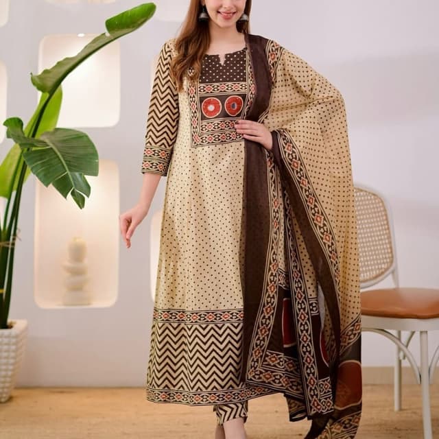 Beige, Dark Brown, Rust Orange Salwar Kameez Set