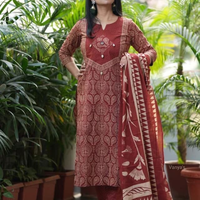 Deep maroon and beige Kurta Set with Dupatta