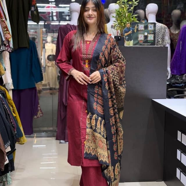 Maroon, Black, Mustard Yellow, Cream Kurta Set with Dupatta