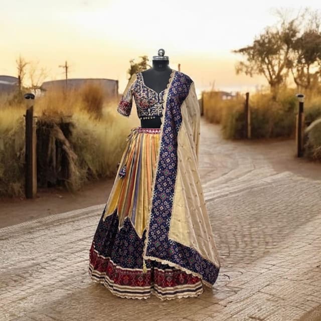 Navy Blue, Mustard Yellow, Maroon, Gold, Multi-color prints Lehenga Choli