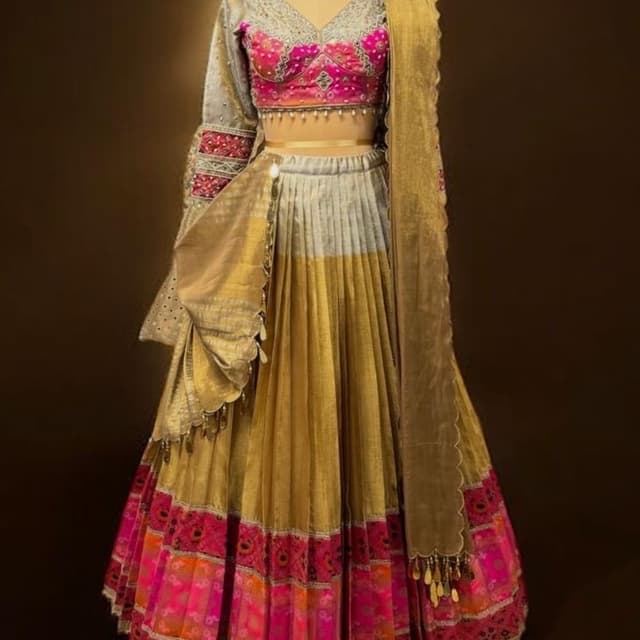 Metallic Gold, Vibrant Pink, Silver, Peach Lehenga Choli