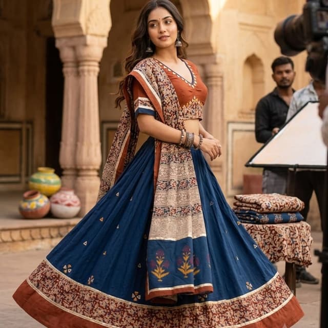 Navy Blue, Rust Orange, Cream, and hints of Gold Lehenga Choli