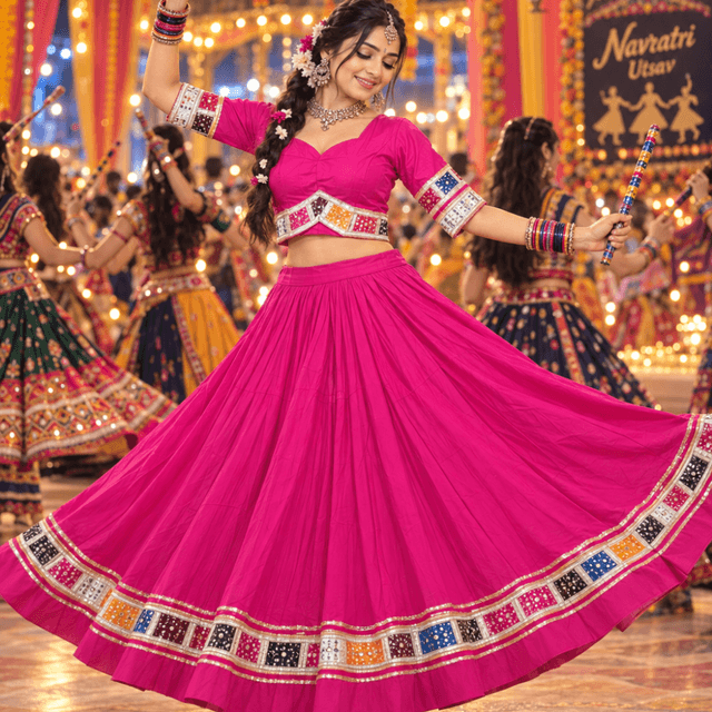 Hot pink, multi-colored accents in orange, yellow, white, and blue Lehenga Choli