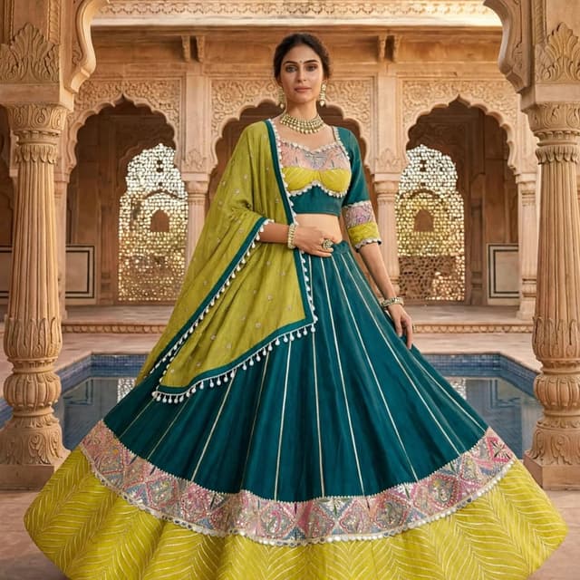 Teal, Mustard Yellow, Pastel Pink Lehenga Choli