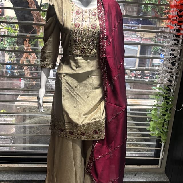 Metallic Gold and Deep Maroon Kurti with Sharara and Dupatta Set