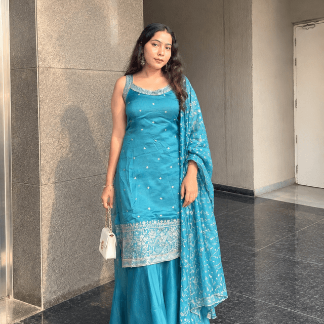Teal blue and silver Sharara Suit Set