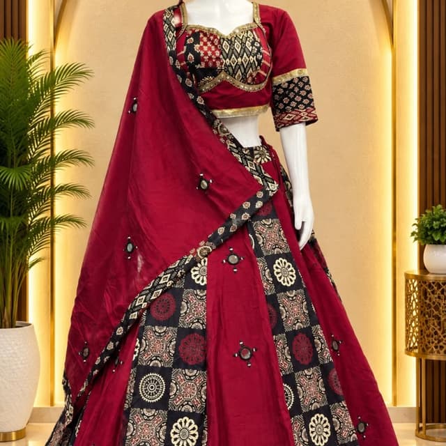 Maroon, Black, and Cream Lehenga Choli