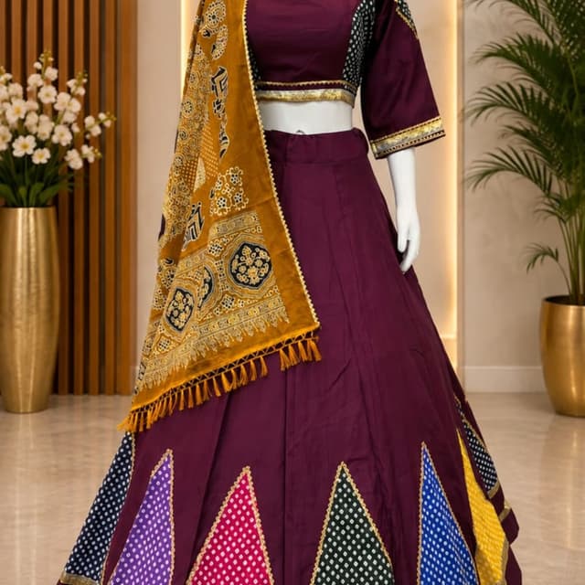 Deep purple, mustard yellow, multi-colored bandhani patches (pink, green, blue, yellow) Lehenga Choli