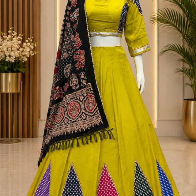 Lime green base with black, white, pink, navy blue, and purple accents Lehenga Choli