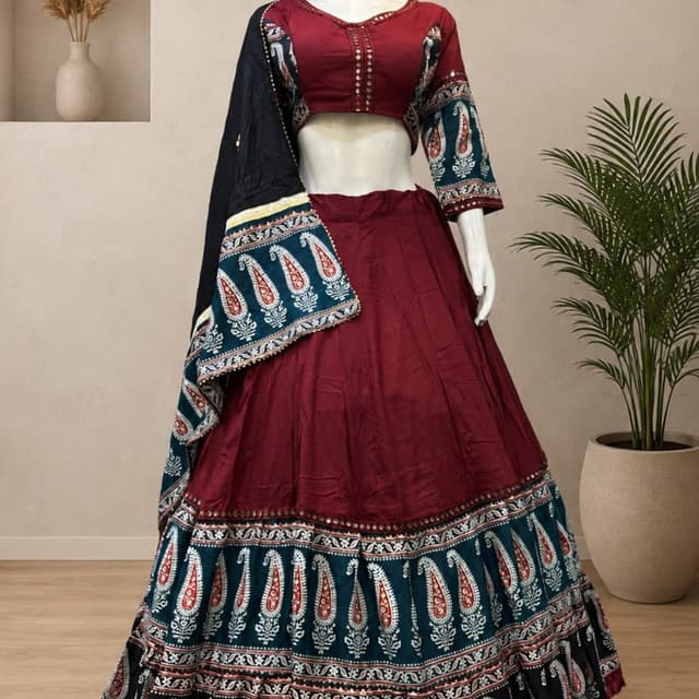 Maroon, Teal, Black, White Lehenga Choli