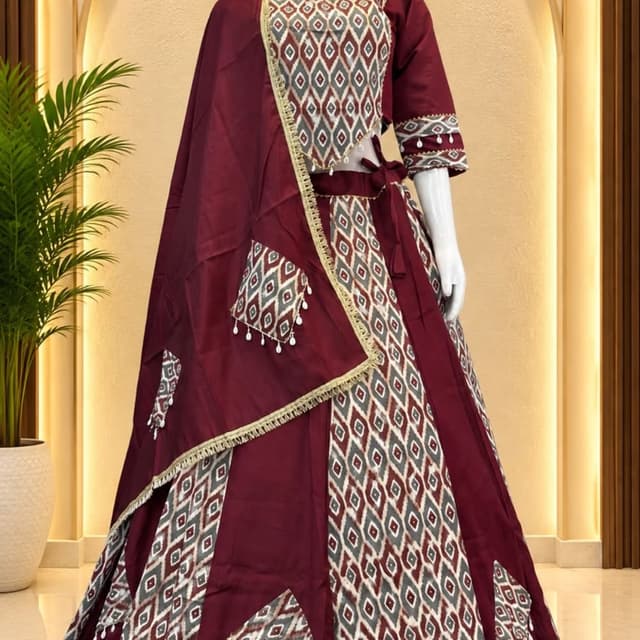 Maroon, Grey, White Lehenga Choli