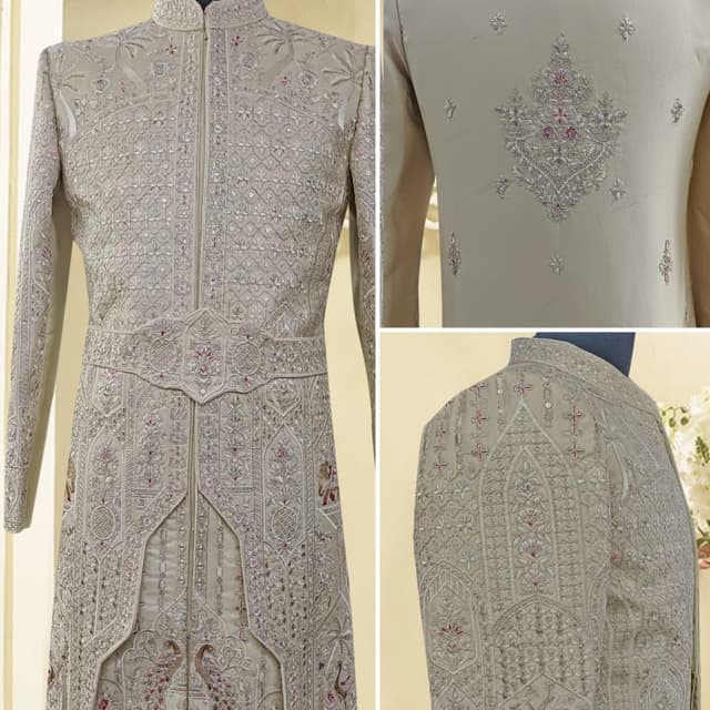 Beige, Off-white, soft pink and metallic accents Sherwani