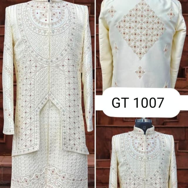 Off-white, cream, with accents of maroon and gold Sherwani