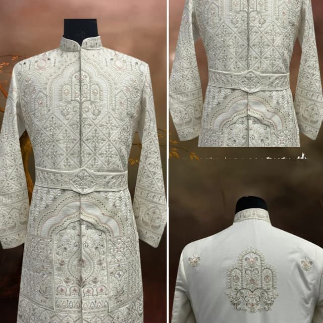 Off-white or cream with subtle pastel pink and silver accents Sherwani