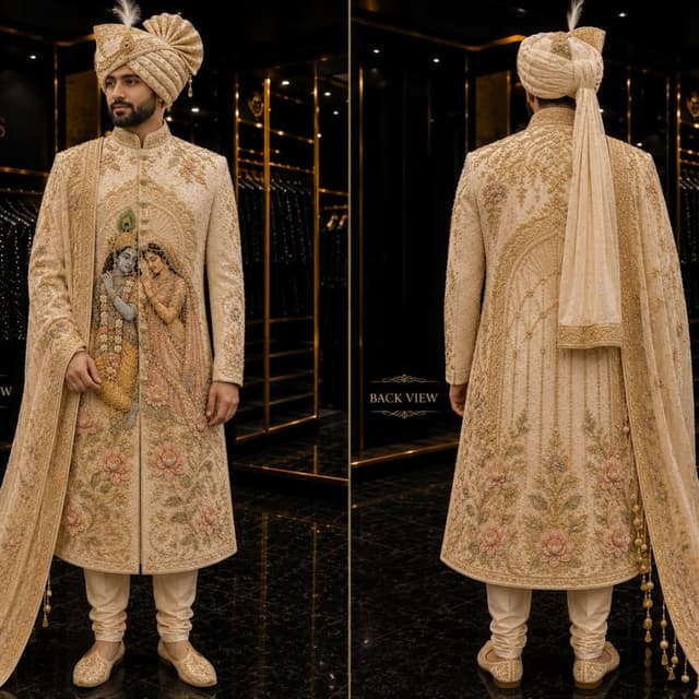 Off-white base with gold, sage green, and soft pink accents Sherwani
