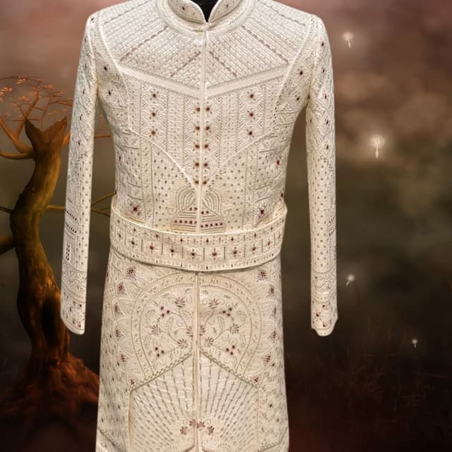 Off-white with maroon/dark red accents Sherwani