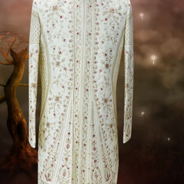 Off-white base with gold and maroon embroidery accents Sherwani