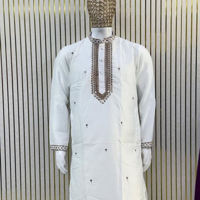 Off-white base with brown and metallic embroidery accents Kurta Pyjama set