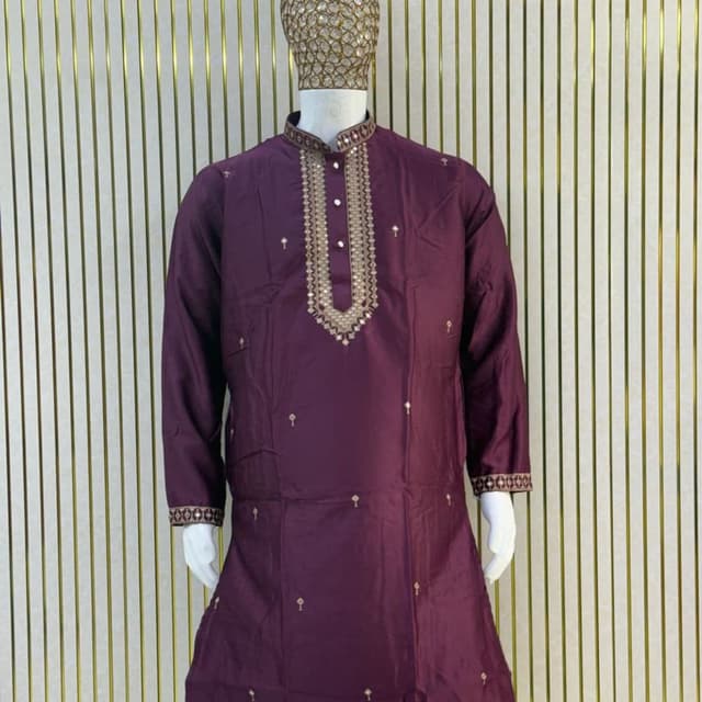 Deep purple base with gold and brown embroidery details Kurta
