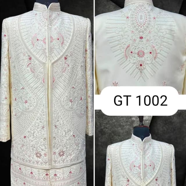 Off-white, cream base with light pink and rose accents Sherwani