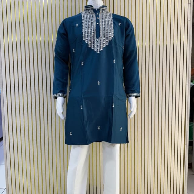 Teal blue and white Kurta Pyjama set
