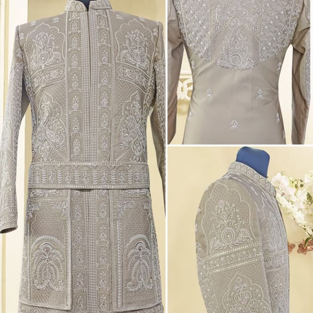 Beige and light grey monochrome Sherwani