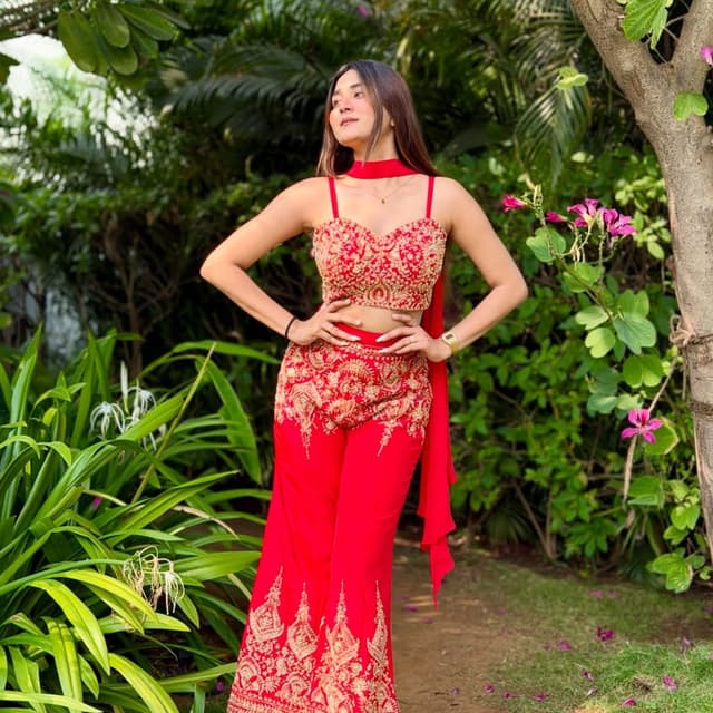 Red and Gold Co-ord Set (Crop top and Sharara pants with attached drape)