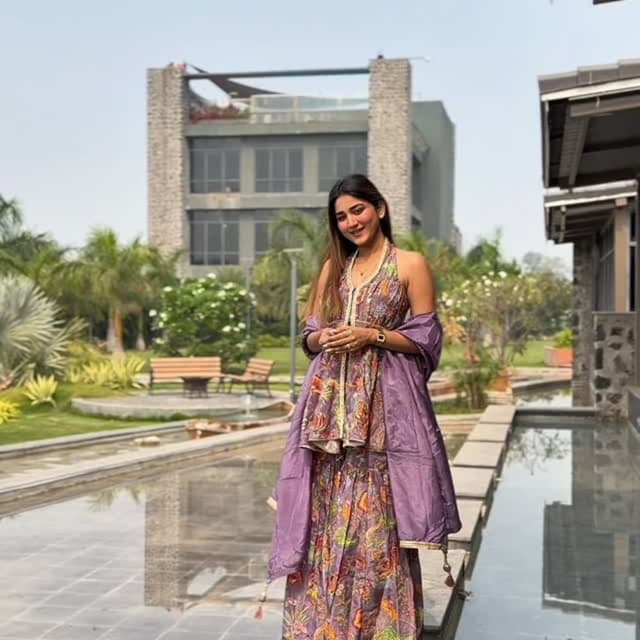 Purple, mauve, with multi-color floral prints in orange, green, and pink Sharara Set
