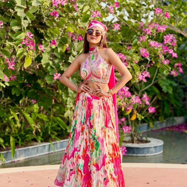 Multi-color, Hot Pink, White, Green, Yellow Lehenga Choli