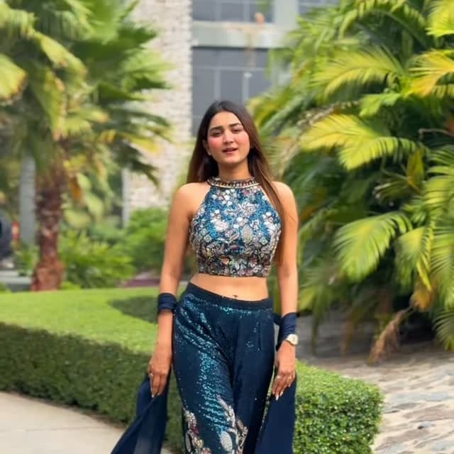 Deep navy blue and teal with silver and multicolored floral accents Co-ord Set (Halter crop top and flared pants)